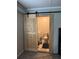 Bathroom with modern sliding door, a vanity, toilet, and contrasting dark rug at 6174 S. Skyline Dr, Douglasville, GA 30135