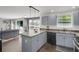 Open concept kitchen featuring an island, gray cabinets, and modern appliances at 8690 Cedar Creek Rdg, Riverdale, GA 30274