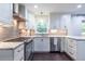 Kitchen with gray backsplash, stainless appliances, white cabinets, and a breakfast bar near a window at 1393 Sagewood Cir, Stone Mountain, GA 30083