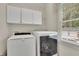 Convenient laundry room featuring a washer, dryer, and storage cabinets at 2045 Barrett Downs Dr, Cumming, GA 30040