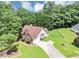 Aerial view of a home with a long driveway, fenced yard, and mature trees, providing a sense of privacy at 401 Crosshaven Way, Mcdonough, GA 30253