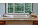 Close up of primary bathtub with decor and large windows overlooking a wooded backyard at 5826 Andover Way, Tucker, GA 30084