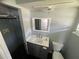 Bathroom with gray vanity, updated faucet, tiled shower and toilet at 763 N Hairston Rd, Stone Mountain, GA 30083