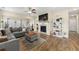 Comfortable living room featuring a fireplace, gray sofa set, TV and a view to a back patio at 3735 Westhaven Dr, Cumming, GA 30040