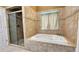 Spa-like bathroom featuring a shower and a jacuzzi-style tub, complete with decorative tiling and natural light at 5300 Haynes Creek Dr, Loganville, GA 30052