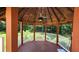 Interior view of the gazebo featuring wooden beams, a ceiling fan, and ample natural light at 5300 Haynes Creek Dr, Loganville, GA 30052
