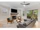 Bright living room features a brick fireplace, hardwood floors, and sliding doors leading to a patio at 4960 Iris St, Cumming, GA 30040
