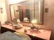 Retro bathroom featuring a pink double vanity with decorative lamps and vintage fixtures at 36 Wolf Pen Path, Dallas, GA 30157