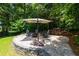 Secluded backyard patio with a stone retaining wall, comfortable seating, and umbrella perfect for outdoor relaxation at 650 Chestatee Creek Nw Dr, Acworth, GA 30101