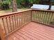 Outdoor back deck with wood railing overlooking the backyard and a white retaining wall at 2943 Westbury Dr, Decatur, GA 30033