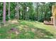Spacious backyard with lush greenery and a wooden deck surrounded by mature trees at 2983 Trotters View Way, Snellville, GA 30039