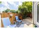 Backyard patio with a wooden fence, seating, and mature trees, perfect for relaxing in the shade during the summer at 104 Powell Cv, Decatur, GA 30030