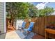 Relaxing outdoor patio with wooden fence, blue chairs and privacy bin offering a personal retreat at 104 Powell Cv, Decatur, GA 30030