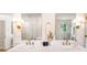 Bathroom with double vanity sinks, gold fixtures, and a bright, modern design at 4049 Northlake Creek Cv, Tucker, GA 30084