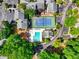 Aerial shot showcasing community pool, tennis court, trees, and surrounding residential area at 84 Mount Vernon Cir, Atlanta, GA 30338