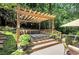 Outdoor wooden hot tub under pergola with privacy surround in a wooded setting on the back deck at 1170 Spring Oak Way, Cumming, GA 30041