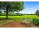 Relaxing backyard scene with a weathered bench overlooking a field and framed by trees at 1415 N Flat Rock Rd, Douglasville, GA 30134