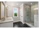 Stylish bathroom with a glass enclosed shower, double vanities and natural light at 1338 Iverson Ne St, Atlanta, GA 30307