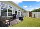 Cozy backyard with artificial grass, patio, privacy fence, and outdoor seating at 418 Thaxton Ln, Woodstock, GA 30188