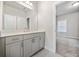 Bathroom featuring a gray vanity, mirror, and view into the carpeted bedroom through an opening at 1026 Cagle Creek Ovlk, Canton, GA 30115
