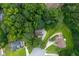 Aerial view of a secluded home with a long driveway and surrounded by mature trees at 55 Legend Creek Cv, Douglasville, GA 30134