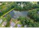 Aerial view of a tranquil pond surrounded by lush greenery and nearby homes at 55 Legend Creek Cv, Douglasville, GA 30134