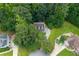 Aerial view of house situated on a tree-filled lot, in a quiet neighborhood at 55 Legend Creek Cv, Douglasville, GA 30134