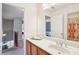 Bright bathroom with wood cabinets, white countertop, large mirror, and decorative shower curtain at 233 Hampton Station Blvd, Canton, GA 30115