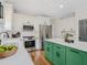 Updated kitchen features white cabinets, stainless appliances, and a vibrant green island at 358 Woodbrook Crst, Canton, GA 30114