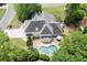 Aerial view of home featuring a private backyard pool, patio, and lush landscaping at 1850 Kirkmont Nw Dr, Marietta, GA 30064