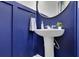Stylish bathroom with a pedestal sink, round mirror, and blue accent wall at 1969 Lanier Harbor Pt, Buford, GA 30518