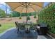 Outdoor patio featuring a dining table with seating for four, an umbrella, and lush green vine privacy screen at 1969 Lanier Harbor Pt, Buford, GA 30518