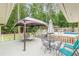 Back deck with patio seating, dining area, gazebo, umbrella, and direct access to the beautiful in-ground pool at 1667 Quail Run, Conyers, GA 30094