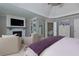 Relaxing main bedroom with a fireplace, built-in shelves, and easy access to a luxurious bathroom at 141 Olde Heritage Way, Woodstock, GA 30188