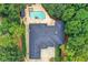 Overhead view of a luxurious home with a large backyard, pool, and lush trees at 2885 Coles Way, Atlanta, GA 30350