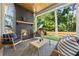 Covered patio featuring an outdoor fireplace, ceiling fan, patio furniture and view of the backyard and playground at 2297 Nesbitt Ne Dr, Brookhaven, GA 30319