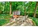 Backyard oasis with patio, seating, and shed, surrounded by mature trees and lush greenery at 3027 Vista Brook Dr, Decatur, GA 30033