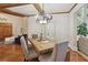 Dining area with a wooden table, decorative lighting, and hardwood floors, perfect for Gathering gatherings at 3099 Hidden Falls Dr, Buford, GA 30519