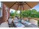 Charming outdoor dining area on a deck, featuring a table setting with an umbrella, overlooking a serene backyard at 1775 Porterton Way, Cumming, GA 30041