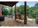 Inviting patio features a stone fireplace, swing, and comfortable seating, perfect for outdoor gatherings at 1775 Porterton Way, Cumming, GA 30041