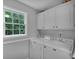 Practical laundry room with storage cabinets and a view of the lush green outdoors at 33 Moriah Ne Way, Rydal, GA 30171