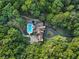 Aerial view of estate home with pool, circular driveway surrounded by mature trees at 1500 Historic Vw, Stone Mountain, GA 30087