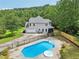 Aerial view of the property featuring a swimming pool, well-kept lawn, and mature trees at 4685 Braselton Hwy, Hoschton, GA 30548