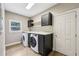 Functional laundry room with modern washer and dryer, built-in cabinets, and a utility sink at 4685 Braselton Hwy, Hoschton, GA 30548