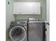 A clean and modern laundry room includes front-loading washer and dryer units, and storage cabinets at 3438 Winborn Walk Northwest Nw, Kennesaw, GA 30152