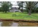Back exterior featuring large lawn and screened porch with a tranquil water feature in the distance at 5690 Rutland Trce, Lithonia, GA 30058