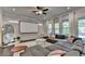 Bright living room features a large sectional, projector screen, and ample natural light from multiple windows at 1045 Penny Ln, Roswell, GA 30076
