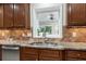 Kitchen area featuring wood cabinets, tile backsplash, stainless steel sink and granite countertops at 2737 Fontainebleau Drive, Dunwoody, GA 30360