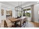 Bright dining room featuring a wood table, six chairs, modern lighting, and hardwood floors at 604 Southland Pass, Canton, GA 30115