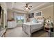 Bedroom with a tray ceiling, a bed, carpet, a window with blinds, and decorations on the walls at 908 Basingstoke Ct, Suwanee, GA 30024